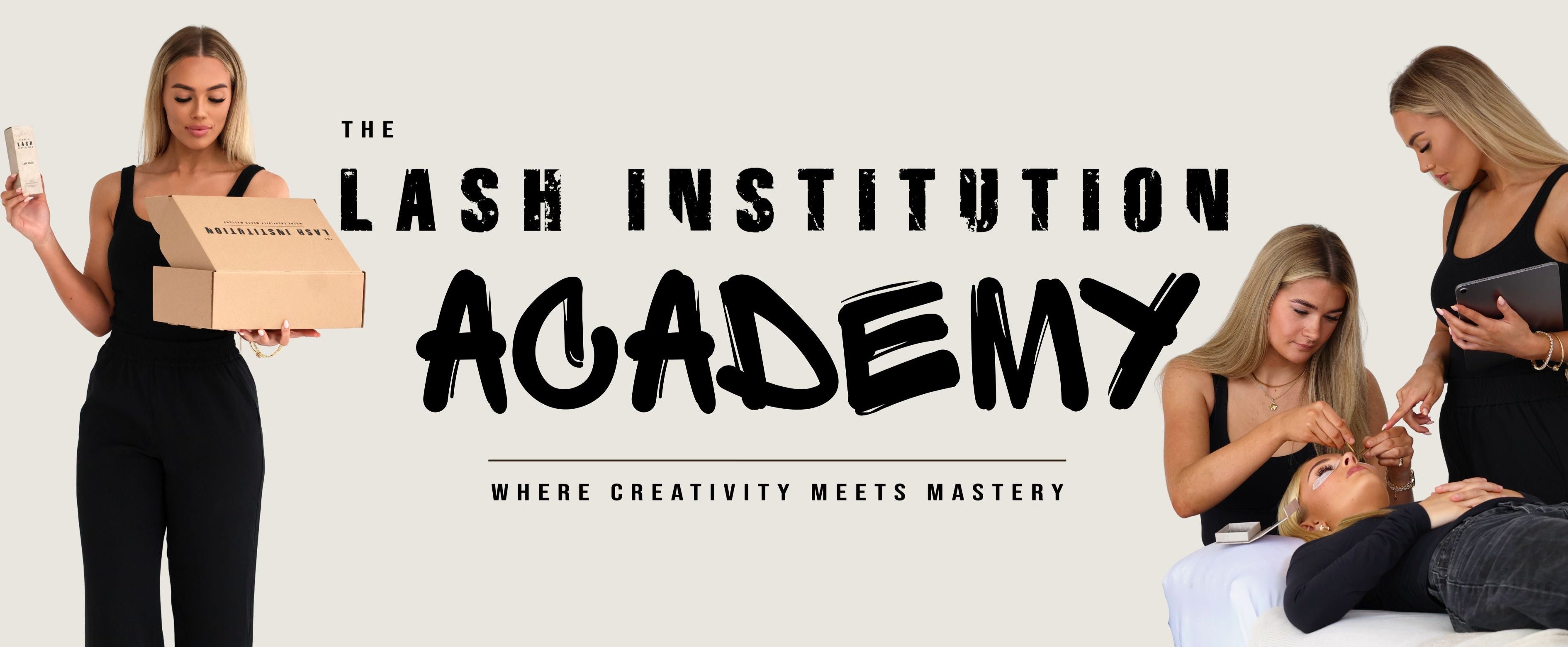Promotional banner for 'The Lash Institution Academy' with text and images of people working on eyelashes.