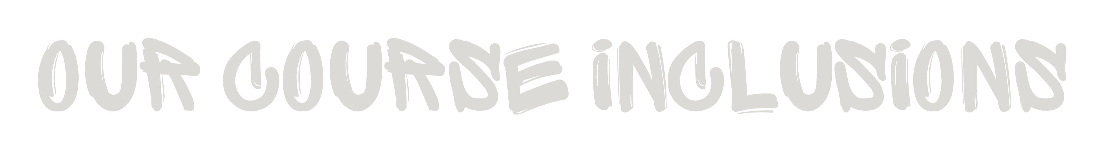Text 'OUR COURSE INCLUSIONS' in a stylized font on a white background